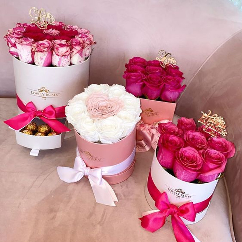 High Quality Round Shape Paper Hat Flower Box For Flower Display Bouquet With Logo Ribbon Design