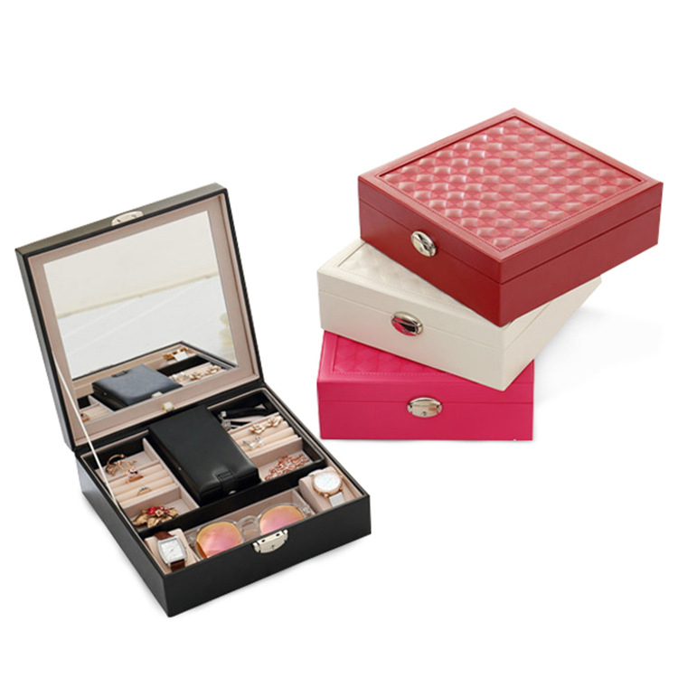 Wholesale Jewelry Packaging Simple Flip-Top Lipstick Luxury Pu Leather Watch Jewelry Box with Large Mirror