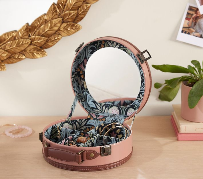 Mini Round Jewelry Box Colorful Floral Lining Faux Leather Custom Travel Led Mirrored Jewelry Bracelet Necklace Ring Box Package