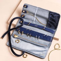 Navy Blue Velvet Jewelry Travel Roll Flat Embroidered Pouch Custom Soft Fabric Earrings Necklace Storage Case Bag Packaging