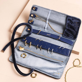 Navy Blue Velvet Jewelry Travel Roll Flat Embroidered Pouch Custom Soft Fabric Earrings Necklace Storage Case Bag Packaging