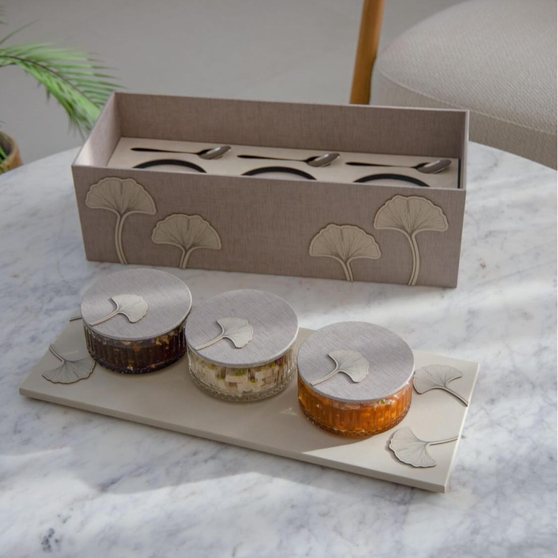 Luxury Empty 3 Slot Ginkgo Leaf Storage Box Linen Dates Baklava Packaging Boxes Gift Boxes Set for Dates Jam Jars Chocolate