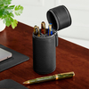 Custom Small Black Leather Pencil Case Cylindrical Design 2 Zip Desktop Standing Color Pencil Pen Case Box Set with Logo