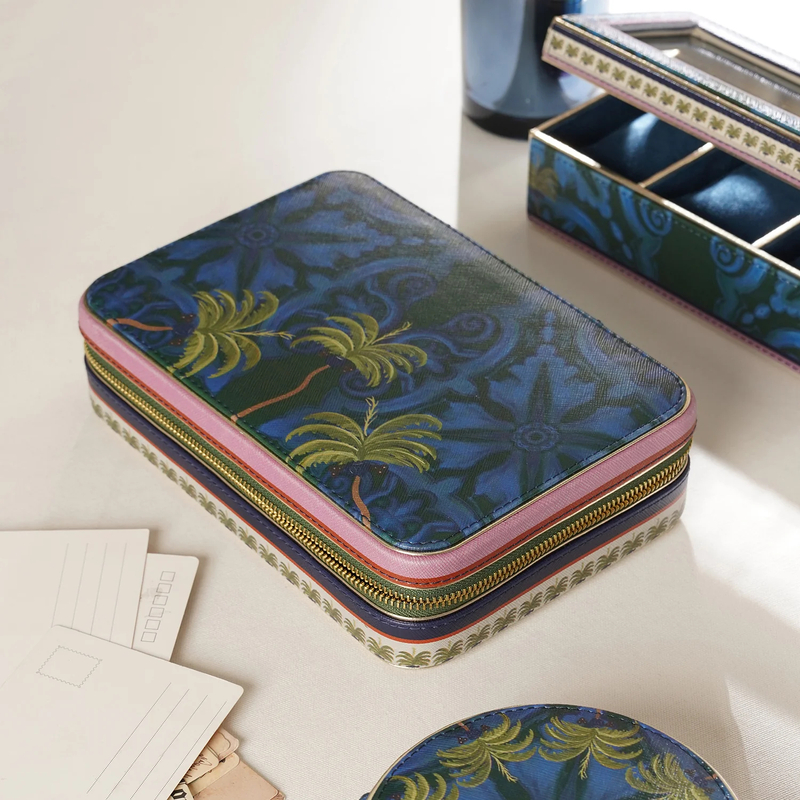 Blue Palms Print Leather Travel Jewelry Gift Box
