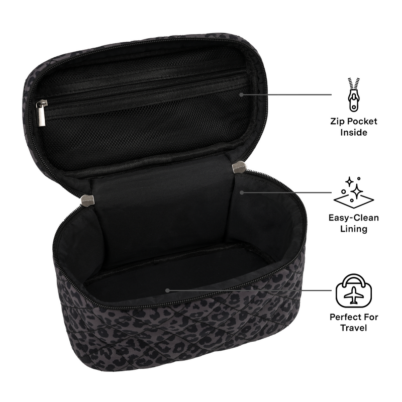 Black Leopard Large Makeup Bag Interior Zipper Pouch Polyester Custom Travel Portable Cosmetic Brushes Skincare Wash Organizer 