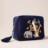 Navy Velvet Cosmetic Bag Embroidery Zipper Travel Toiletry Organizer Bag Handbag