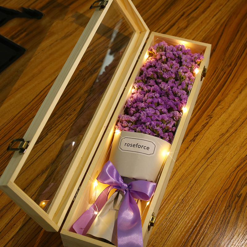 Luxury Rectangular Wooden Long Stem Rose Flower Babysbreath Bouquet Gift Packaging Box with Clear Glass Window