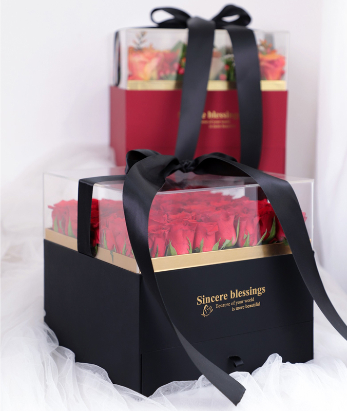 Valentine's Day Square Acrylic Transparent Crystal Cover Flower Packaging Box Immortal Flower Surprise Gift Box with Drawers