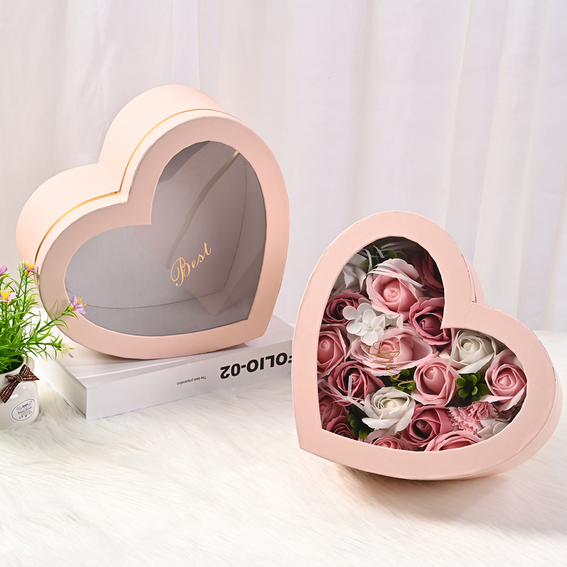 Luxury Custom Logo Popular Heart Shape Paper Preserved Rose Flower Bouquet Packaging Box for Valentine's Day with Clear Window