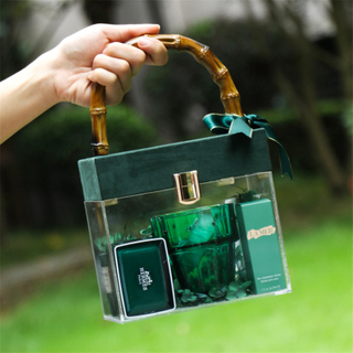 Ins Style Clear Acrylic Velvet Cover Wedding Favors Candy Box Bridesmaid Transparent Candle Cosmetic Gift Packaging Box with Bamboo Handle