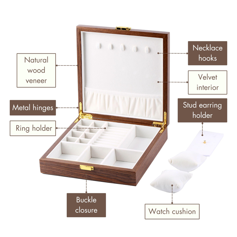 2 Layer Vintage Velvet Solid Walnut Wooden Earrings Rings Necklaces Bracelet Watch Jewelry Organizer Storage Box with Lock 