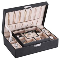PU Leather Velvet Lining Men Watch Jewelry Organizer Storage Box with Removable Tray for Necklace Ring Bracelet