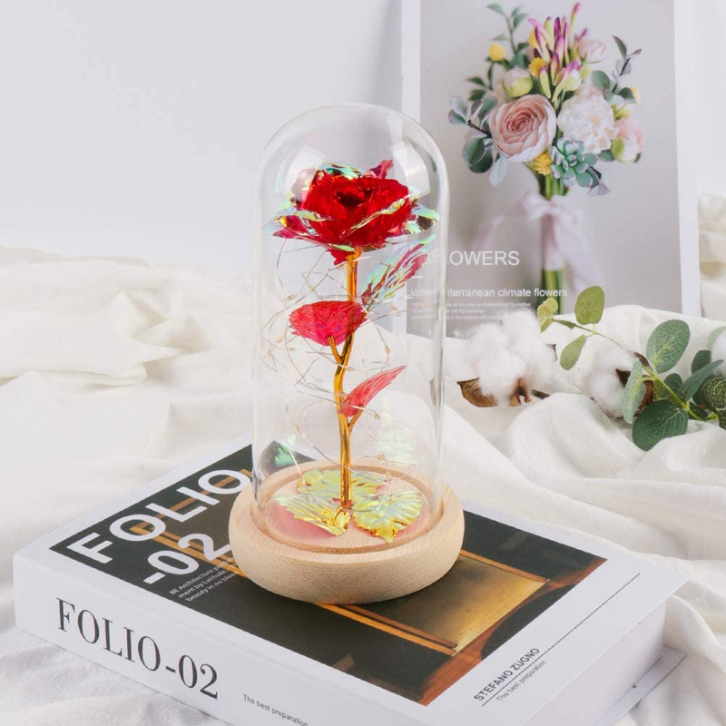 Custom Valentines Day Gift Eternal Gold Foil Rose Flower Led Light Preserved Galaxy Rose in Glass Dome for Women Girls