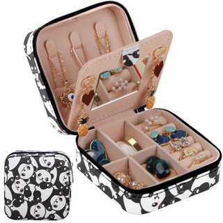 Customized Luxury Panda Printing Ring Ear Studs Necklace Zipper Storage Packaging Box Travel Jewelry Case