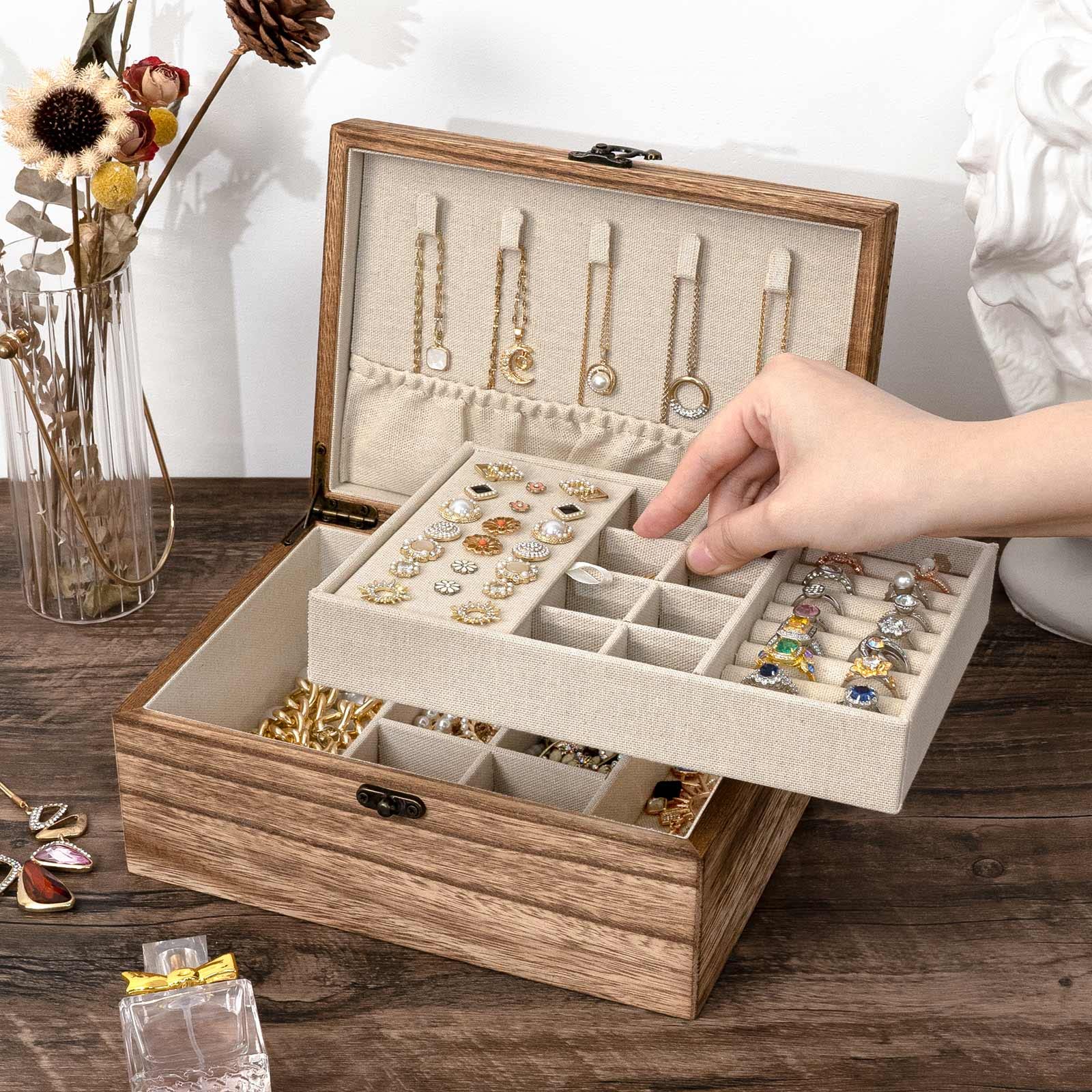 Double Layer Jewelry Organizer Box Solid Wood Jewelry Boxes Rustic Style Small Jewelry Box