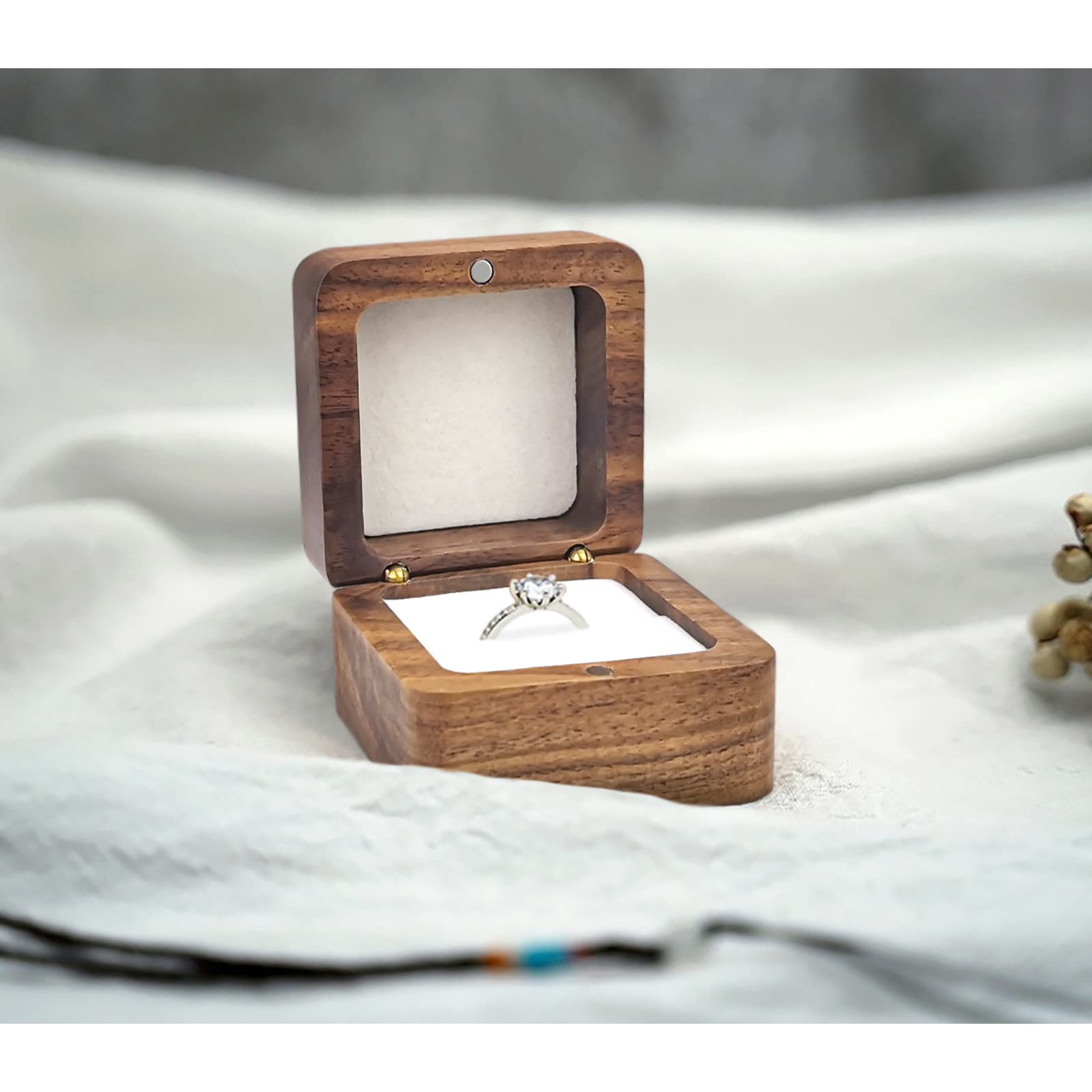 Square Solid Wood Double Ring Box Case Wedding Ceremony Engagement Proposal Wooden Ring Holder