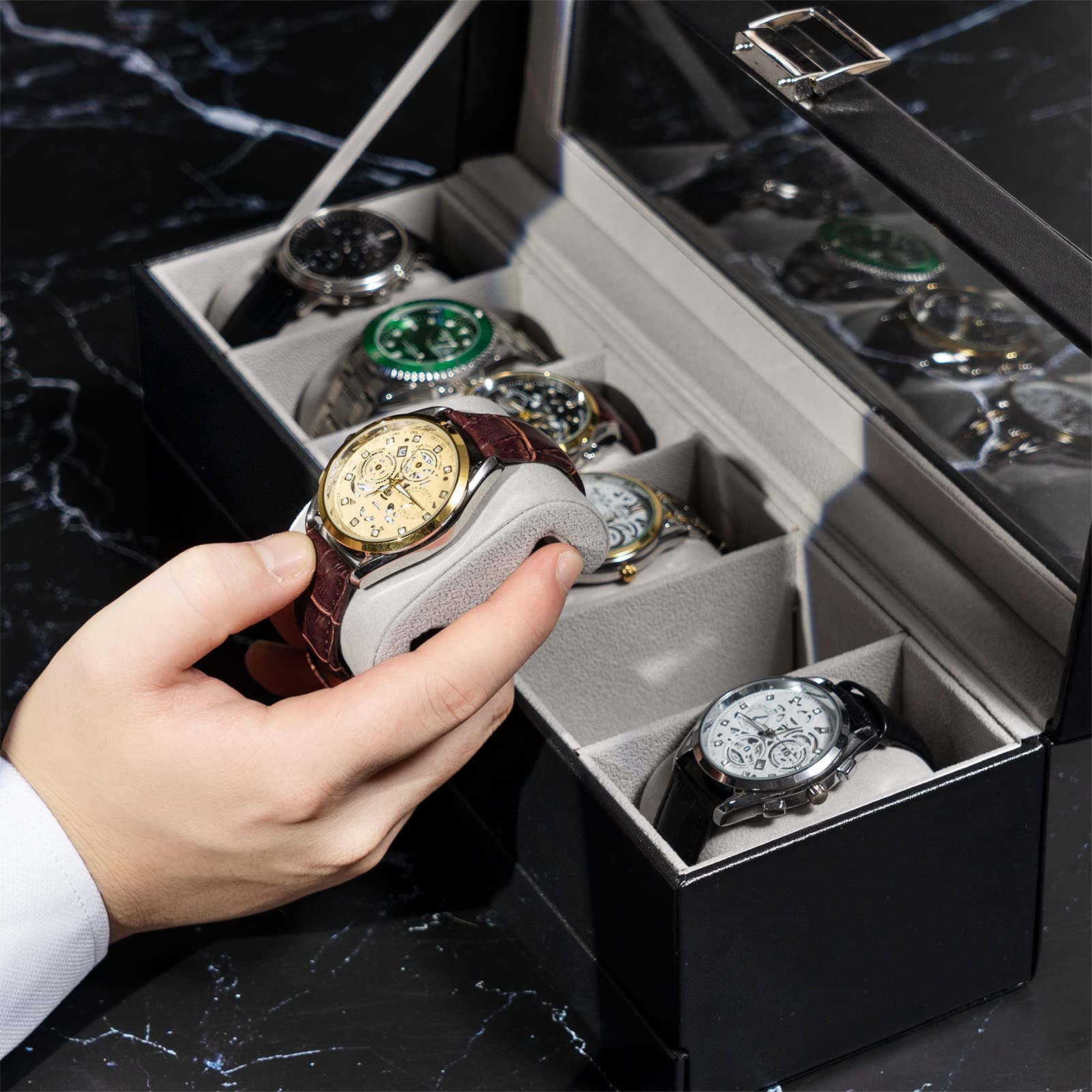 Luxury OEM Double Layer 6 Slot Leather Watch Display Organizer Case Men Watch Jewelry Holder Storage Box with Drawer