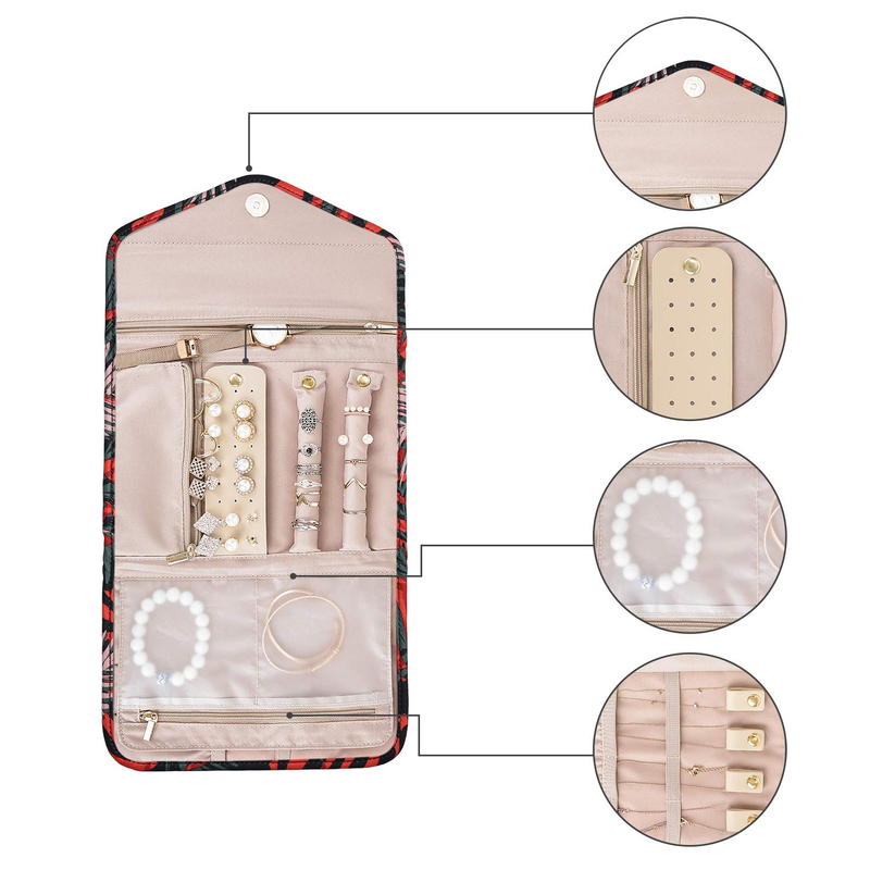 Portable Foldable Fabric Ring Necklace Earring Storage Case Hot Sell Jewelry Organizer Roll Bag with Pocket Zipper