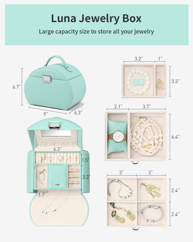 Light Green Leather Jewelry Box Lockable Necklace Earrings Rings Storage Case with Mirror And Storage Drawers