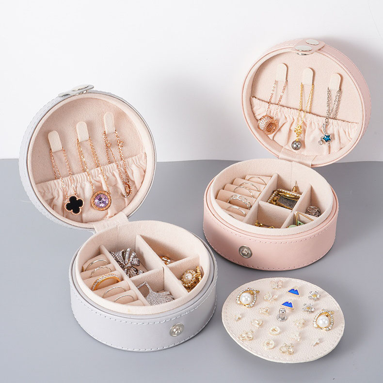 Round Travel Jewelry Box Women Ladies PU Jewelry Storage Organizer Necklace Earrings Rings Display Box