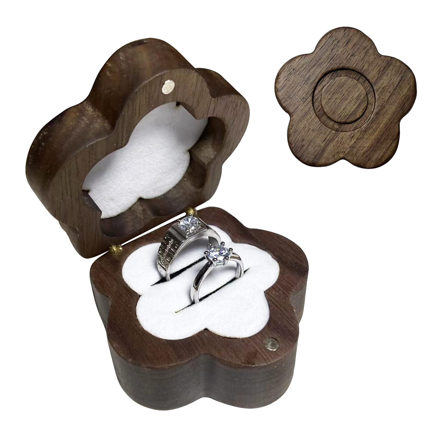 New Arrival Natural Wood Special Flower Shape Double Slots Wedding Ring Packaging Box