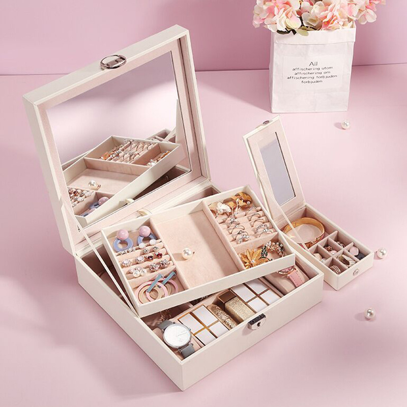 Wholesale Jewelry Packaging Simple Flip-Top Lipstick Luxury Pu Leather Watch Jewelry Box with Large Mirror