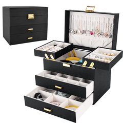 Custom Pu Leather Promotion 3 Tiers Jewelry Organizer Box Handmade Cotton Travel Jewelry Storage Box for Women