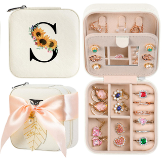 26 Initial Letter Flower Jewelry Organizer Box with Mirror for Women Birthday Gifts Small Travel Jewellery Storage Case