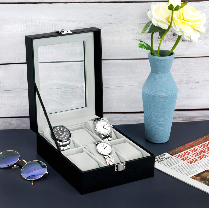 Wholesale 6 Slots Transparent Hinged Lid PU Leather Case Organizer Watch Display Wooden Watch Box