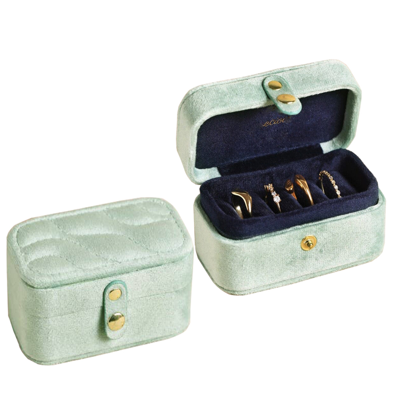 Blue Velvet Mini Travel Ring Box Includes Ring Rolls inside Custom Flowers Embroidery Logo Earrings Jewelry Boxes Packaging