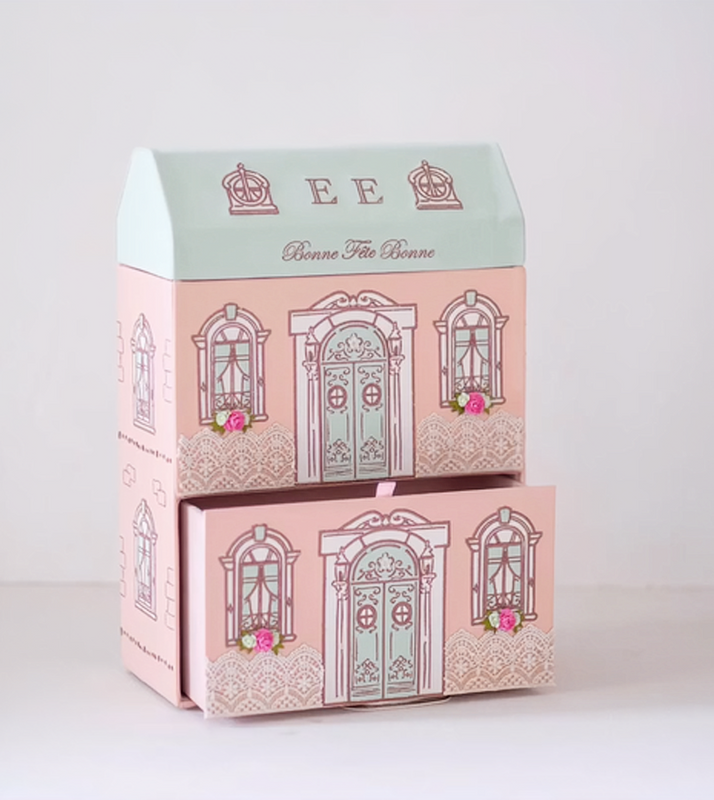 Pink Double Paper Slide Drawer Storage Box Flip Watch Jewelry Packaging House Shaped Gift Box with Flower Ribbon Decorative