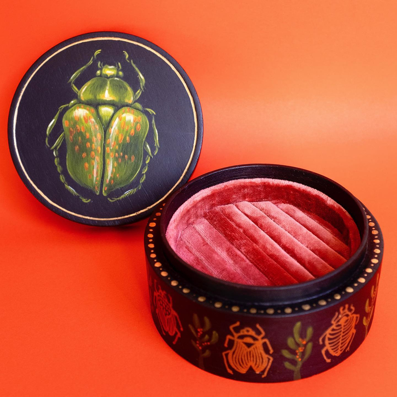 Vintage Wooden Ring Jewelry Box Earrings Organizer with Velvet Insert Ink Painting Personalized Earring Jewelry Boxes Packaging