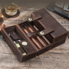 Custom Logo Brown Leather Cigar Box Case Packaging Double Door Design Luxury Humidor Cigar Storage Gift Box Set for Seven Sticks