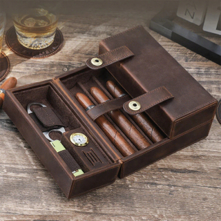 Custom Logo Brown Leather Cigar Box Case Packaging Double Door Design Luxury Humidor Cigar Storage Gift Box Set for Seven Sticks