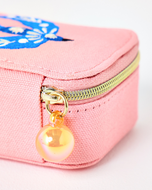 Zipper White Floral Chequerboard Pattern Ring Jewelry Box Organizer Travel Fabric Embroidery Polyester Bracelet Necklace Box