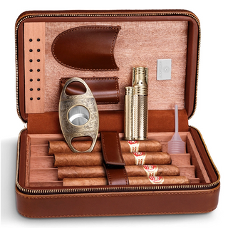 Luxury Portable PU Leather Wooden Moisturizing Sealed Travel Cigar Set Box