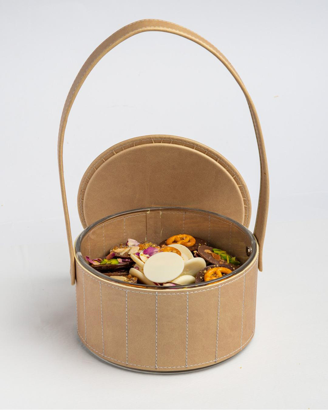 Handmade Acrylic Lid Chocolate Praline Handle Box Cylinder Fabric Packaging Chocolate Candy Gift Boxes Set with Clear Window