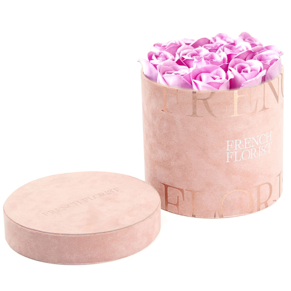 Custom Round Suede Preserved Rose Artificial Rose Flower Head Display Box for Decoration And Gift Velvet Flower Packaging Box