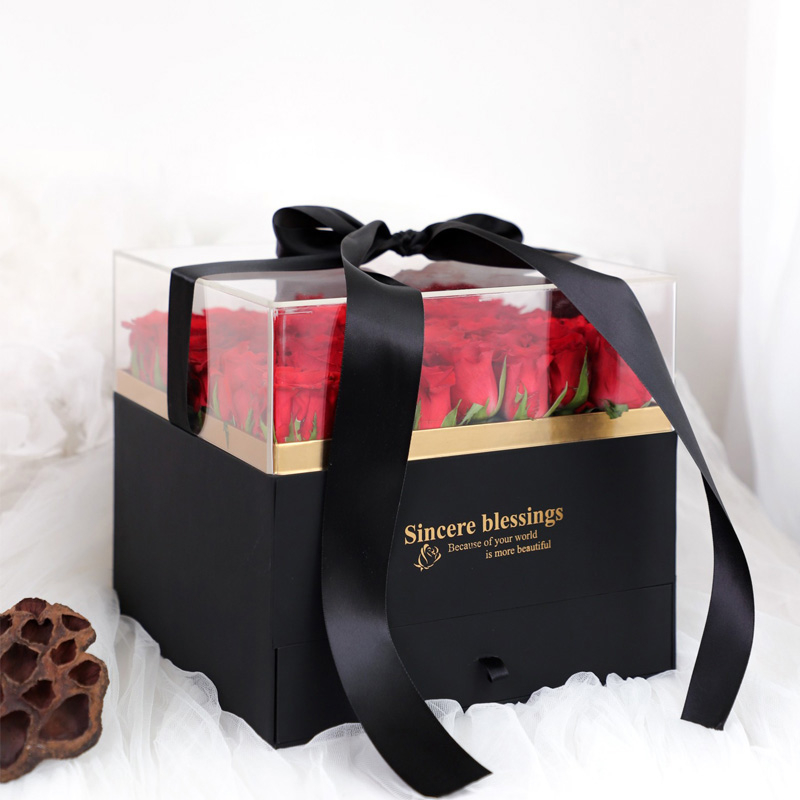 Valentine's Day Square Acrylic Transparent Crystal Cover Flower Packaging Box Immortal Flower Surprise Gift Box with Drawers