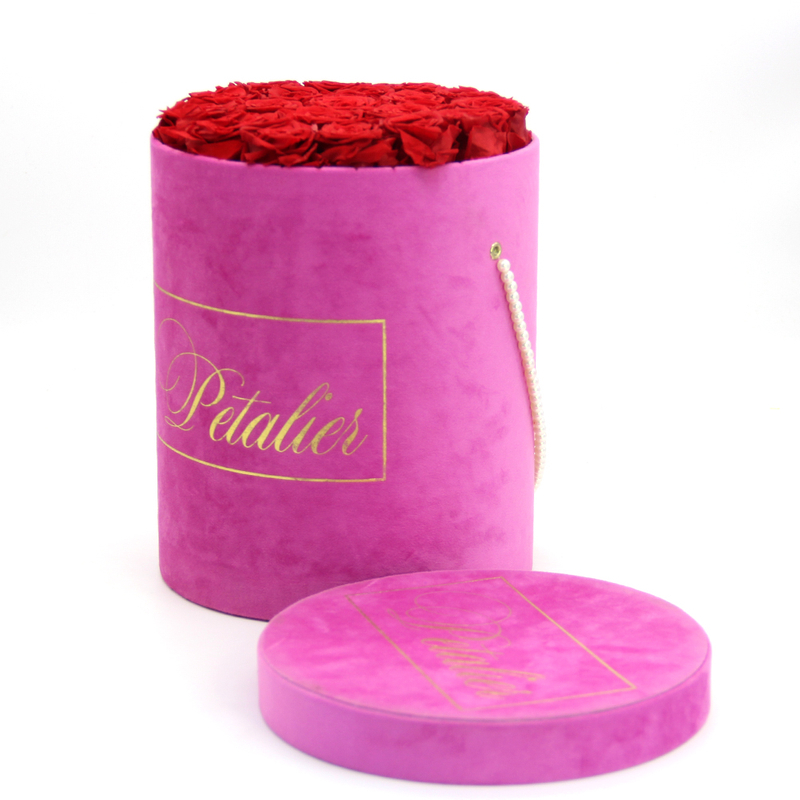 Custom Wholesale Round Cylinder Flower Packaging Box Round Velvet Flower Arrangement Boxes for Roses with Logo Customized