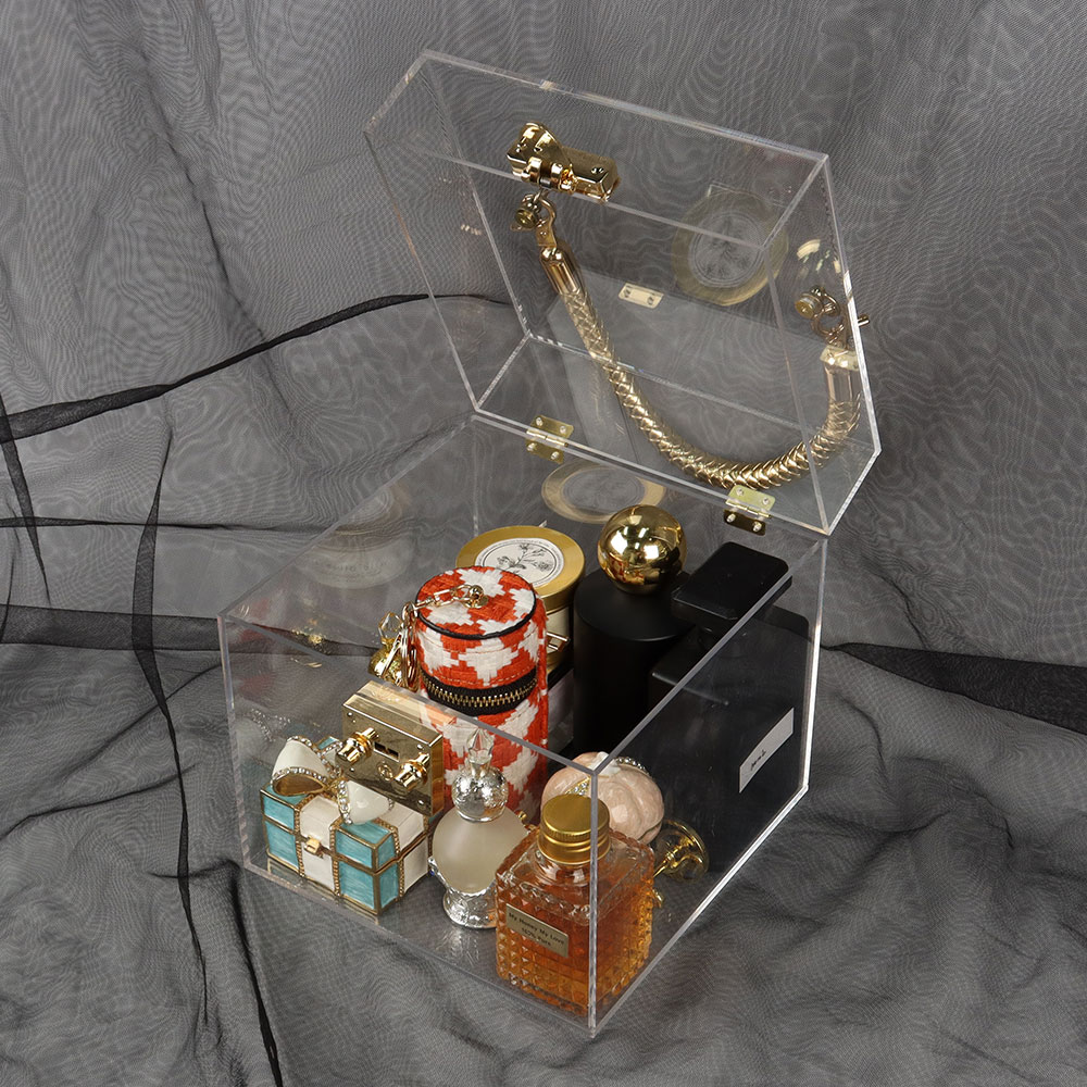 Custom Square Clear Acrylic Chocolate Candy Cosmetic Perfume Candle Storage Box with Metal Handle for Wedding Wholesale