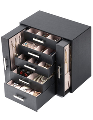 Wholesale Custom High Quality Pu Leather Black 5 Tiers Travel Jewelry Organizer Storage Box With Drawers
