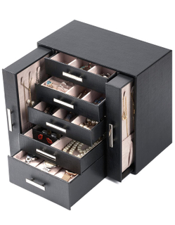 Wholesale Custom High Quality Pu Leather Black 5 Tiers Travel Jewelry Organizer Storage Box With Drawers