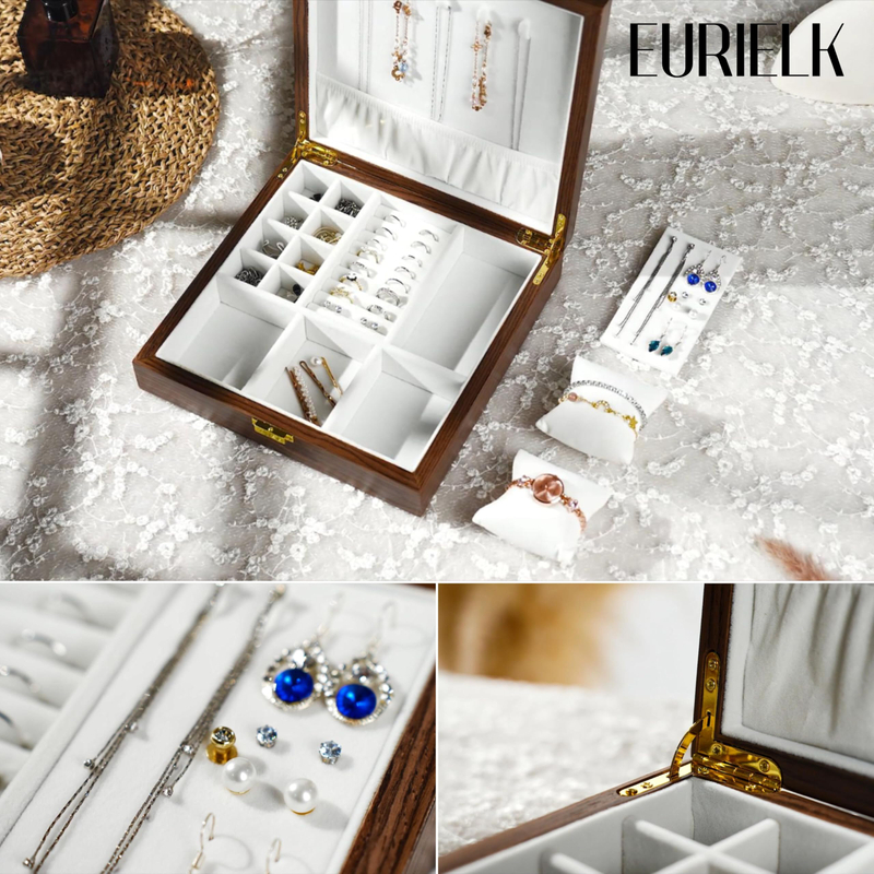 2 Layer Vintage Velvet Solid Walnut Wooden Earrings Rings Necklaces Bracelet Watch Jewelry Organizer Storage Box with Lock 