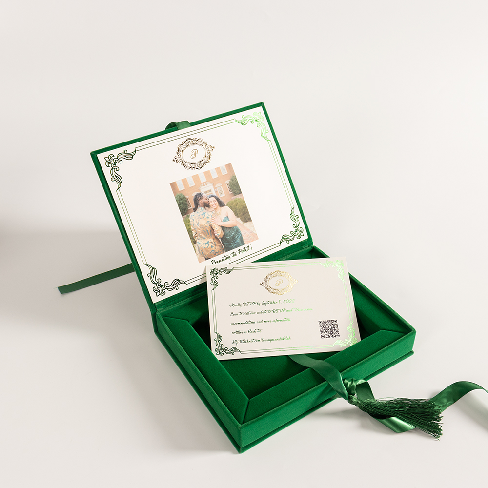 Luxury Satin Silk Design Green Color Velvet Clear Acrylic Wedding Invitation Card Gift Packaging Boxes Custom Logo Wholesale