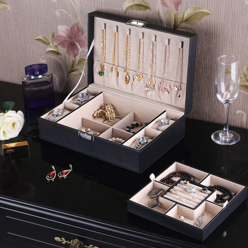 PU Leather Velvet Lining Men Watch Jewelry Organizer Storage Box with Removable Tray for Necklace Ring Bracelet