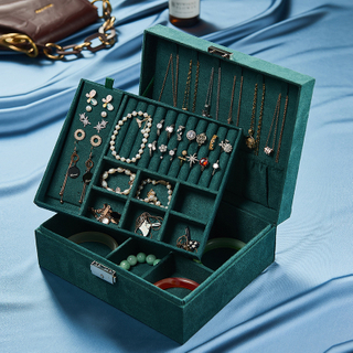 New Green 3-Layer Flannel Jewelry Organizer Box Necklaces Earrings Rings Display Holder Case for Women Large Capacity With Lock