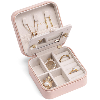 New Arrival PU Leather Joyero Pink Mini Portable Jewellery Necklace Earring Gift Case With Mirror Travel Jewelry Box Organizer