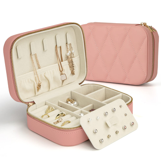 High Quality Pu Leather Jewellery Storage Case Zipper Travel Jewelry Box Luxury Big Embossed Logo Jewelry Box