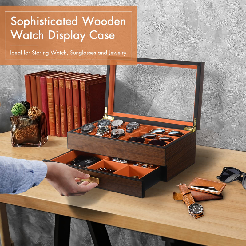 Luxury Wood Watch Jewelry Organizer Case with Drawer Glass Top Watch Storage Gift Box for Sunglasses Cufflinks Rings
